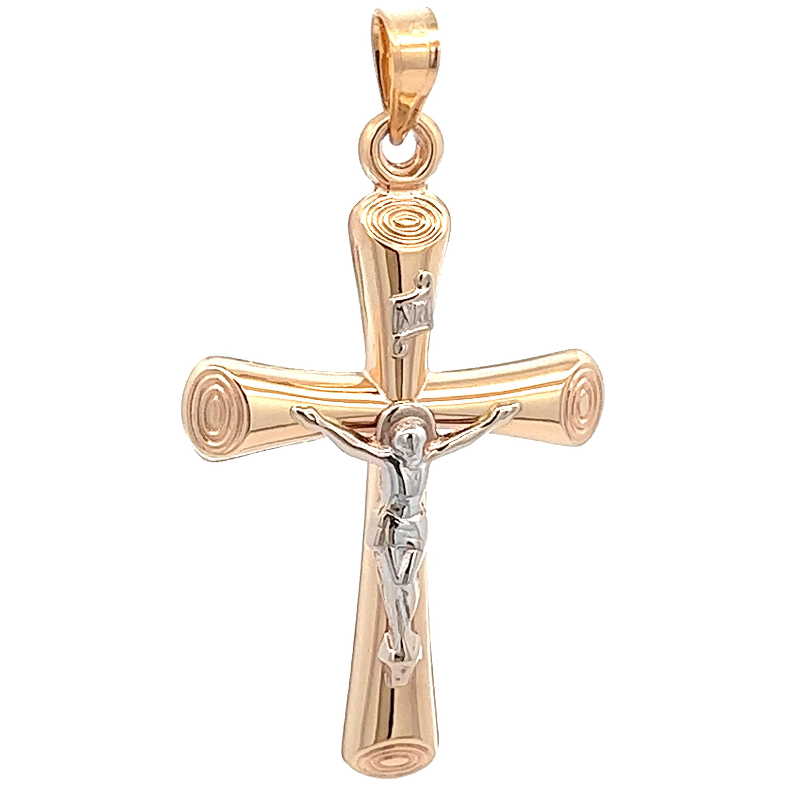 Brilliance Fine Jewelry 14 KT Two Tone Gold Unisex Tube Crucifix Religious Pendant