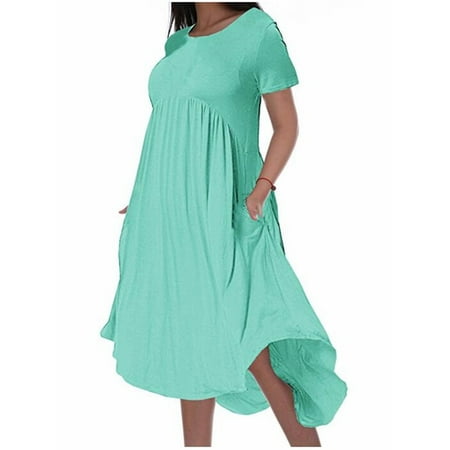 - High Waist Women Short Sleeve Solid Color Casual Loose Irregular Dress
