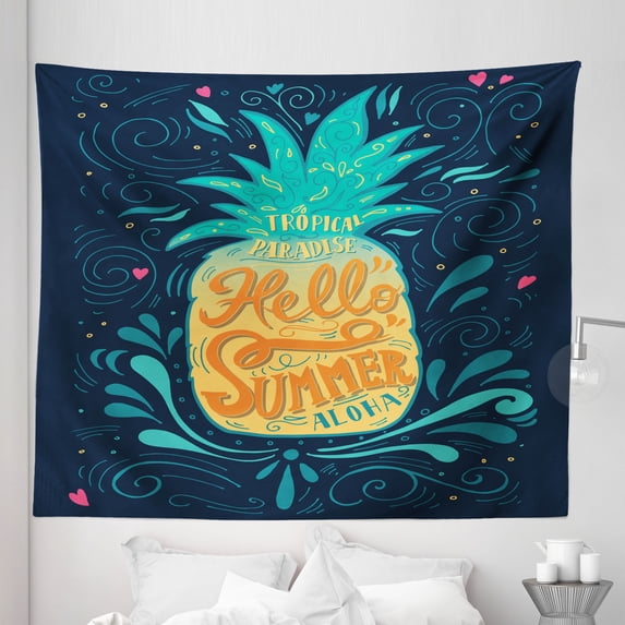Tropical Tapestry, Hello Summer Words Pineapple with Hearts Swirls and Teardrop Shapes Background, Fabric Wall Hanging Decor for Bedroom Living Room Dorm, 5 Sizes, Multicolor, by Ambesonne