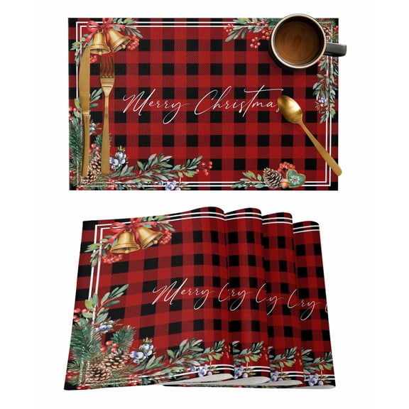 Placemats Set of 8, Christmas Woven Placemat, Linen Place Mats for Kitchen/Dining Tables, Pine Cones Botanical Xmas Red Black Plaid Washable Table Mats for Party