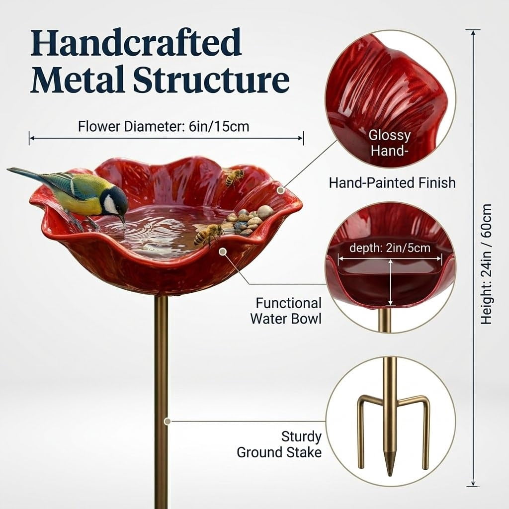 Handmade Metal Flower Garden Stake, Bird Bath Bowl and Bee Butterfly Watering Station for Outdoors, Hummingbird Bath Water Fountain Feeder Garden Yard Lawn Outside Decor