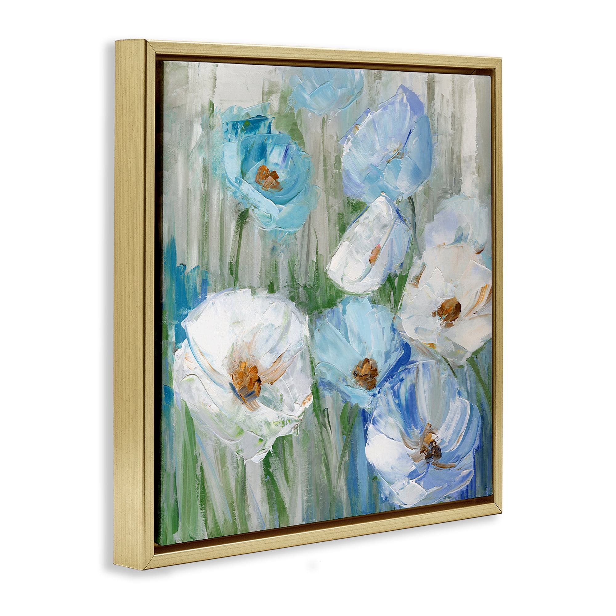 Stupell Industries Blue & White Poppies Plants & Flowers Painting Gold Floater Framed Canvas Art Print Wall Art, 18 x 18