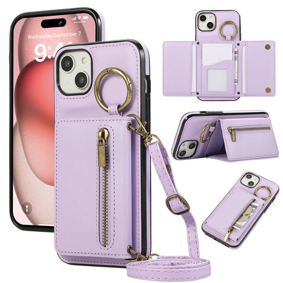 Crossbody Wallet Case for iPhone 15 with Lanyard Strap Card Slot Holder RFID Blocking 360° Ring Kickstand,Magnetic Flip Folio Zipper Purse Case, PU Leather Cover Handbag,Purple