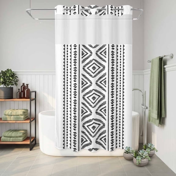 No Hook Shower Curtain Farmhouse Bohemian Stripes Waterproof Fabric Shower Curtain Black Hotel Style Bathroom Curtain with See Through Top Window Machine Washable 36x72in