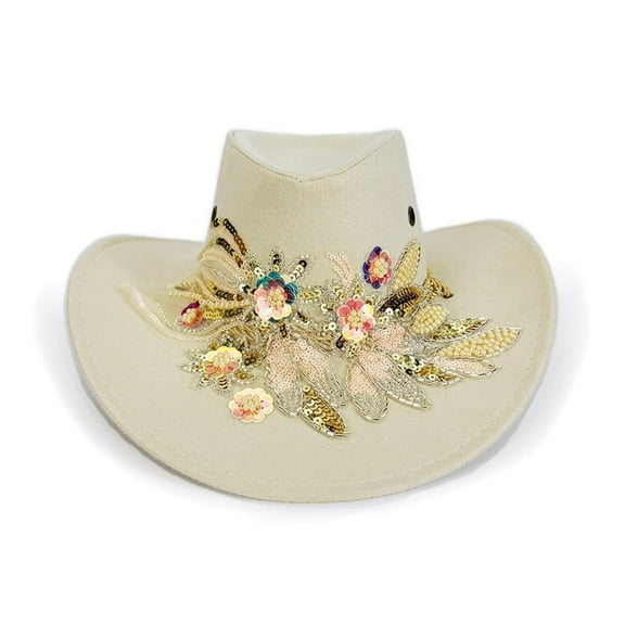 Women's Western Cowgirl Hat Floral Embroidery Wide Brim Cowboy Hat Winter Felt Jazz Cap