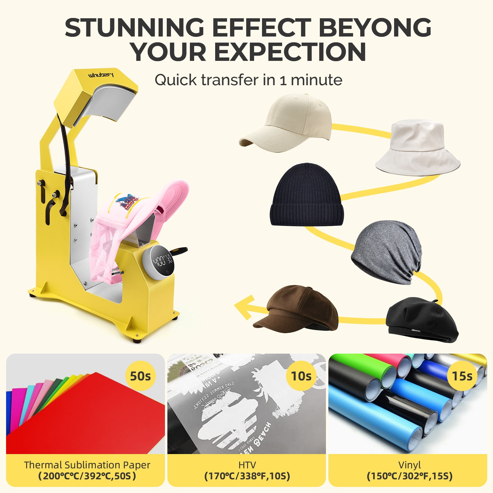 Adnoom 3-in-1 Hat Heat Press, Auto Cap Heat Press Machine with 3 Platens, Yellow