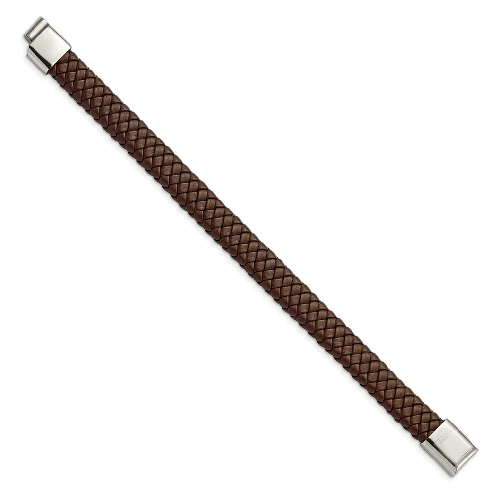 Diamond2Deal Stainless Steel Polished Brown Braided Leather Bracelet for Men 8.5"