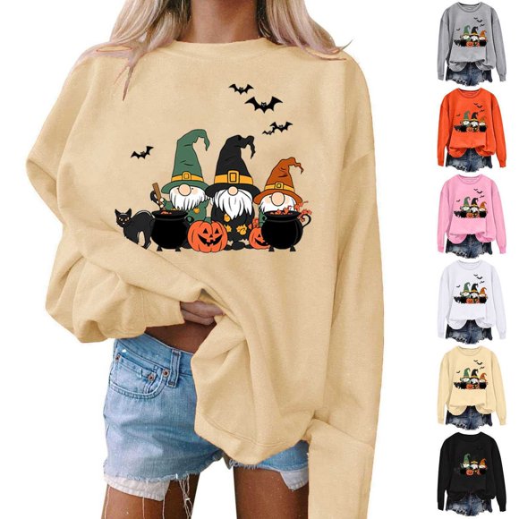 VKOYWKM Women Halloween Ghost Sweatshirts Oversized Sweatshirt Crew Neck Long Sleeve Fall Pullover Tops Black Cat Halloween Sweater