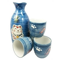 Japanese Maneki Neko Lucky Charm Cat Glazed Ceramic Blue Sake Set Flask With Four Cups Great Asian Living Home Decor and Gift For Housewarming Special Friendship Eastern Decorative Party Set