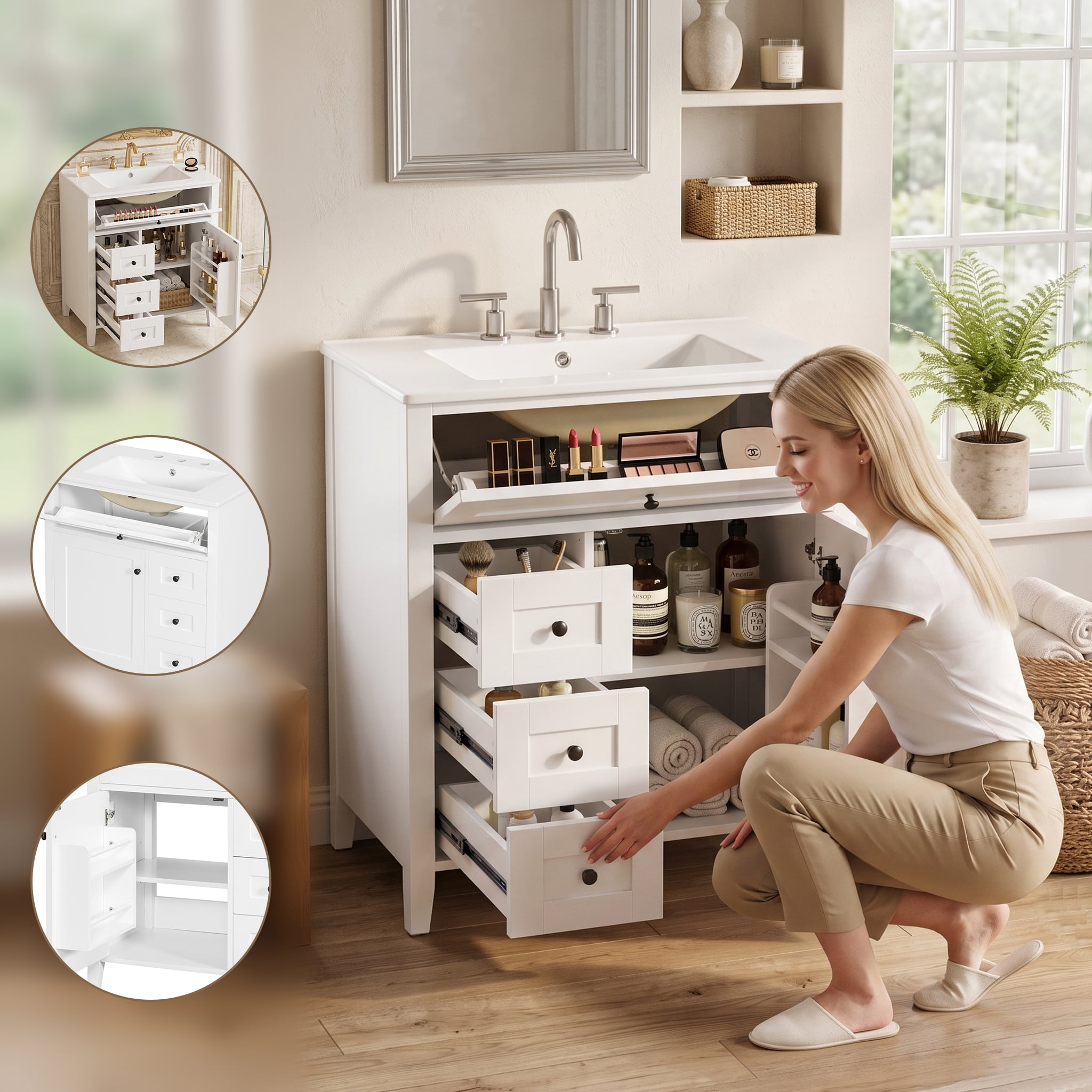 Anpport 30" Freestanding Bathroom Vanity with Sink, Modern MDF & Rubberwood Cabinet, 3 Drawers, Adjustable Shelf & Left‑Side Door, White