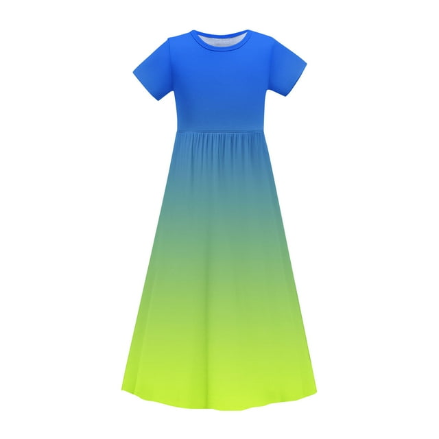 Bwiyojiz Tailles de Mode 120-170 Robe à Manches Courtes Col Rond pour Tout-Petits Enfants Mignon Imprimé Dégradé Extensible Poche Ligne Longue, 4 Ans, Cadeaux pour la Maison, Bleu