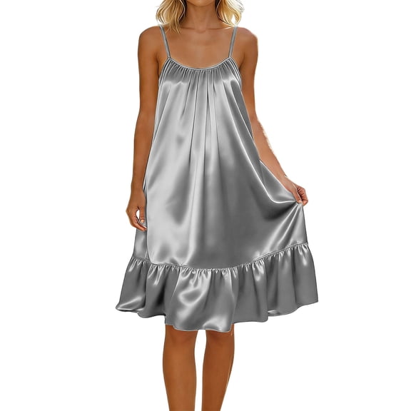 Admvng Satin Dress for Women Round Neck Backless Casual Summer Ruffle Hem Nightgown