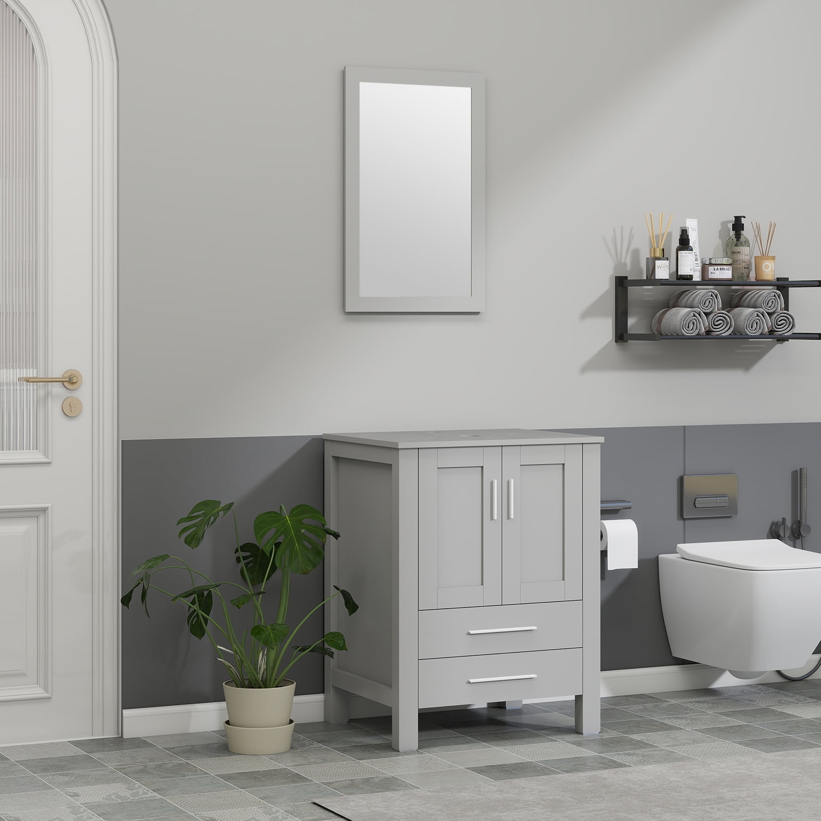 ELECWISH 24-Inch Bathroom Vanity in Gray with Mirror, Modern Stand Pedestal Cabinet with Manufactured Wood Top