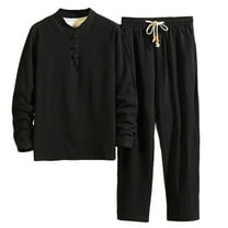 Xzbqbs Men's 2 Pieces Cotton Linen Set Casual Short Sleeve Henley Shirts and Drawstring Beach Yoga Pants Summer Outfits Set for Men