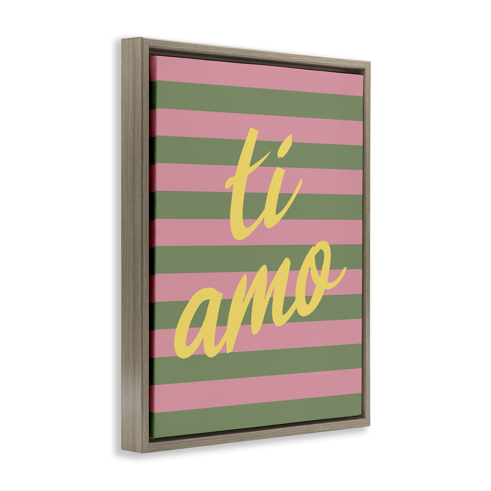 Stupell Industries Ti Amo Pink Green Stripes Brown Framed Floater Canvas Wall Art, design by SD Graphics Studio