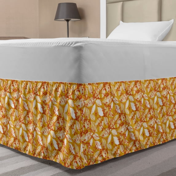 Autumn Bed Skirt, Fall Season Foliage Pattern with Warm Colored Background Leaf Silhouettes, Elastic Bedskirt Dust Ruffle Wrap Around for Bedding Decor, 4 Sizes, Marigold Orange White, by Ambesonne
