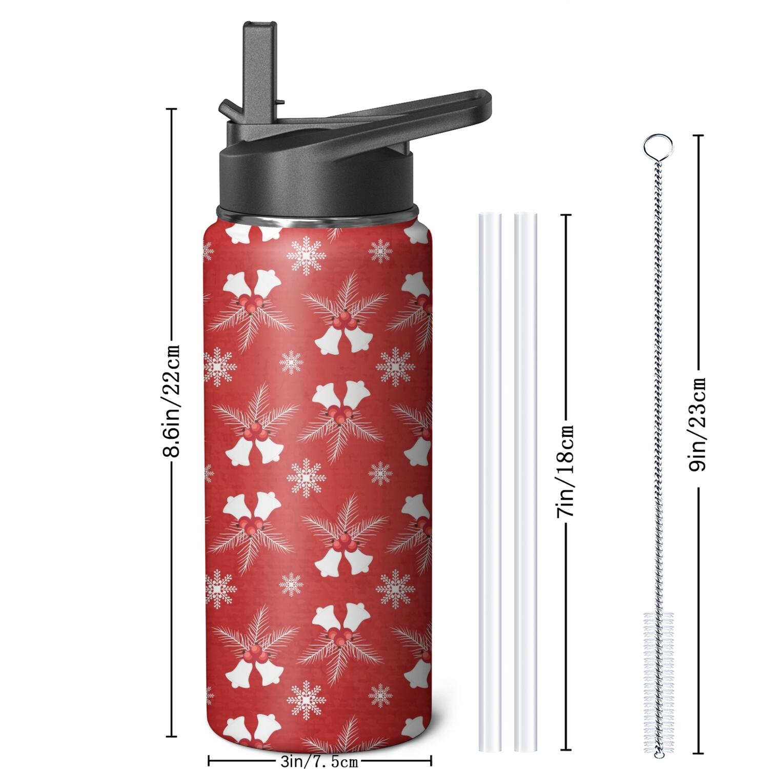 Christmas 18 oz Insulated Stainless Steel Water Bottle with Straw & Cleaning Brush , Leakproof, BPA-Free, 304 Stainless Steel, Wide Mouth, Travel Mug for Car, Gym, Office