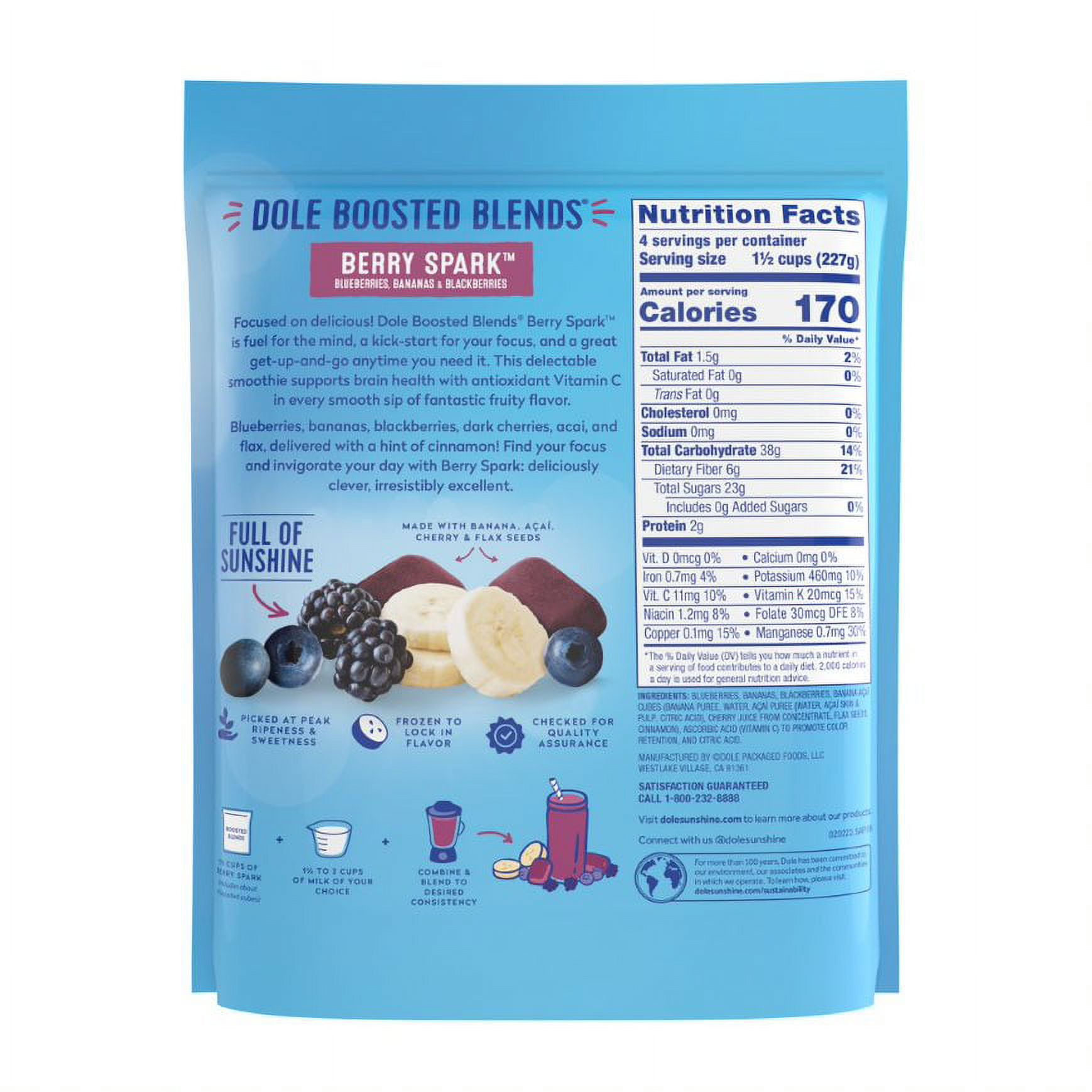 Dole Boosted Blends Frozen Blueberry and Banana Protein Smoothie Blend, 32  oz Bag