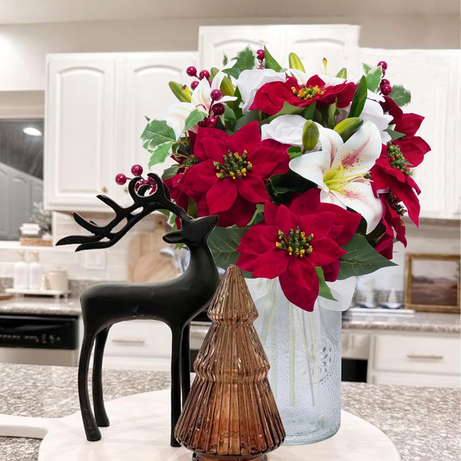 Artificial Poinsettia Bouquet Flowers Head Christmas Flowers Silk Floral Arrangement Lily Rose with Red Berries for Porch Home Table Decor Indoor Outdoor Xmas Holiday Party