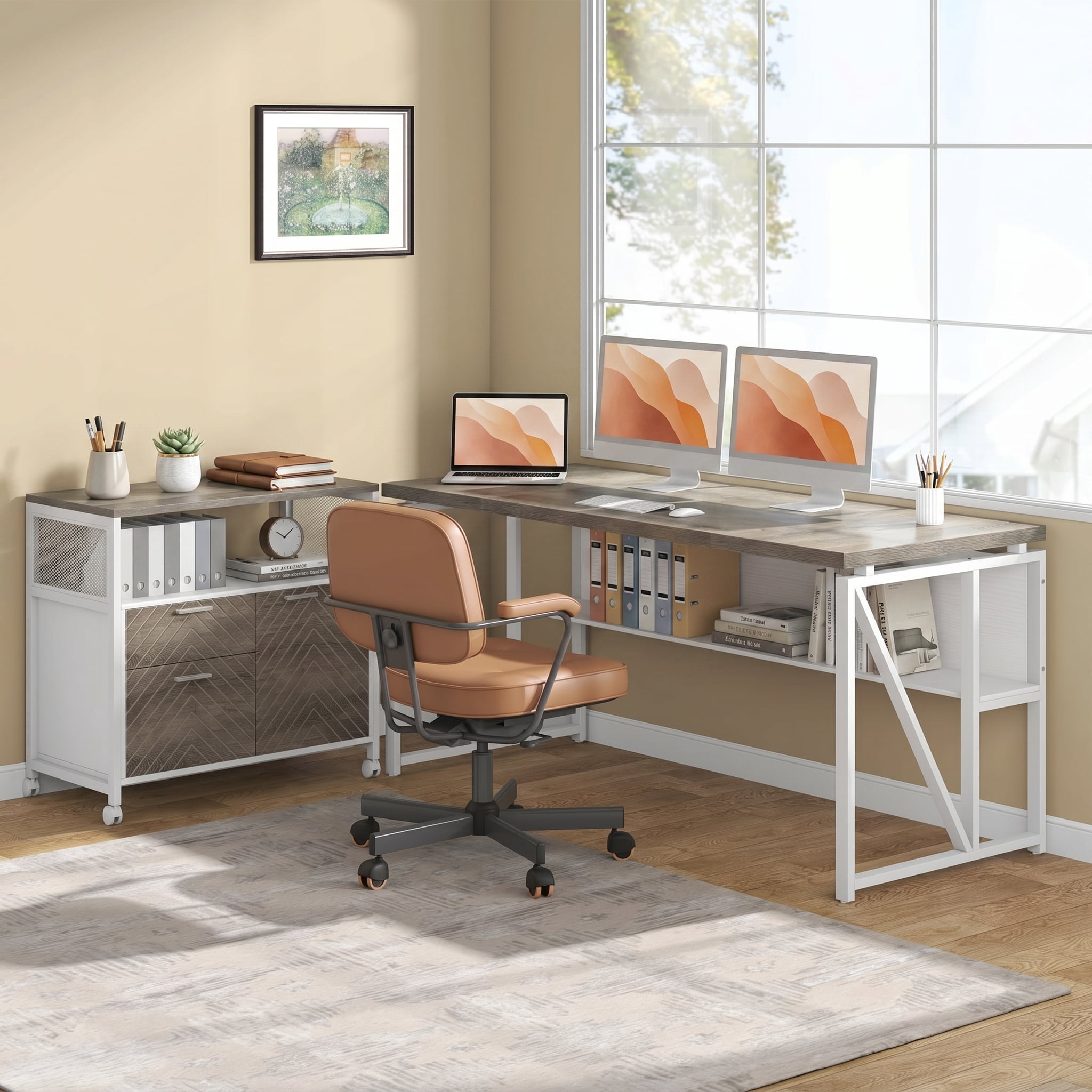 Fnova Modern File Cabinet with Drawers for Letter-Sized File and Door, lateral Filing Cabinet Printer Stand with Storage Shelves and with Rolling Caster for Home Office, Oka