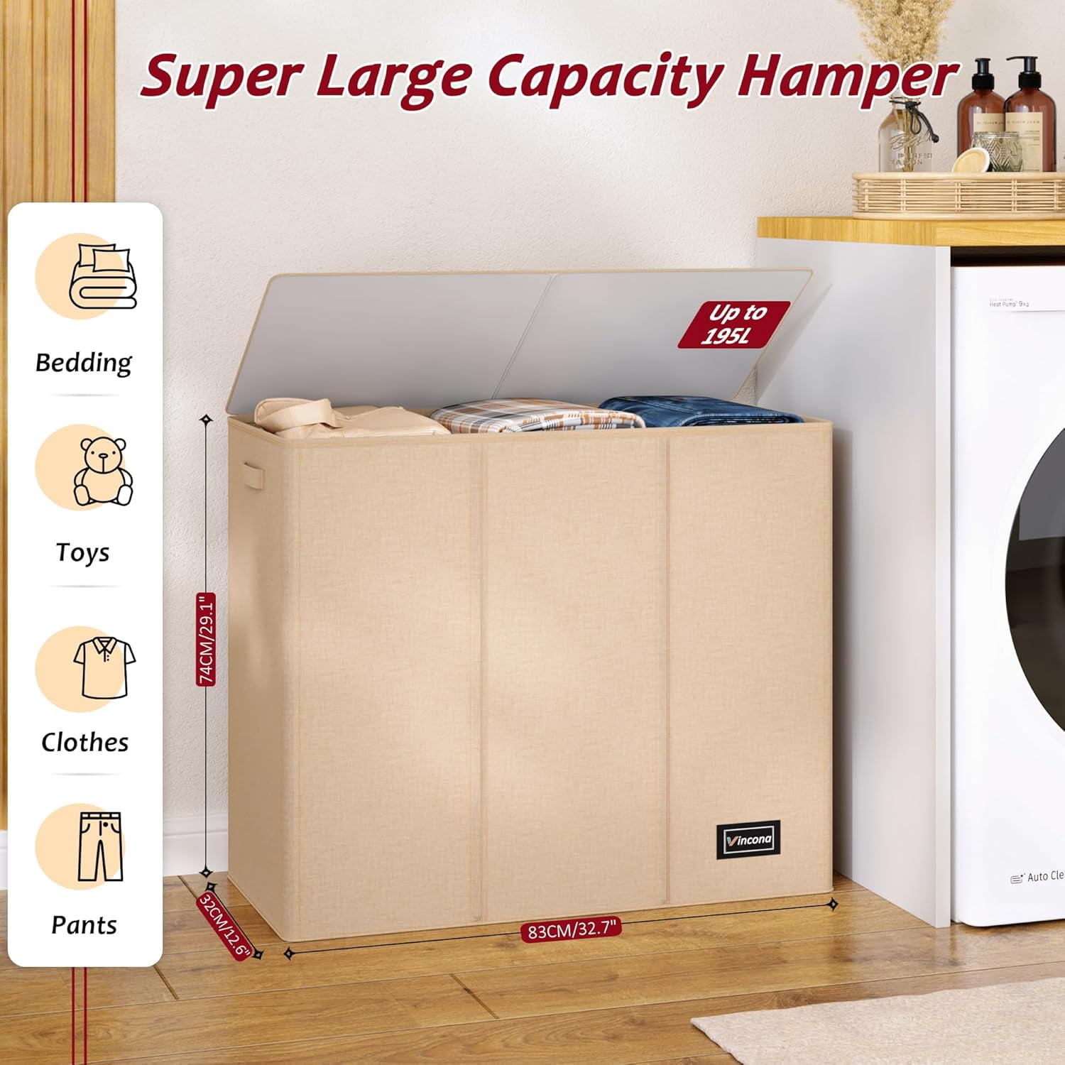 Uni 195L Laundry Hamper 3 Section,Large Laundry Hamper with Lid,Dirty Clothes Hamper with 3 Inner Bags,Collapsible Laundry Basket Organizer for Laundry Room,Bedroom,Laundry Sorter Hamper 3Compartment