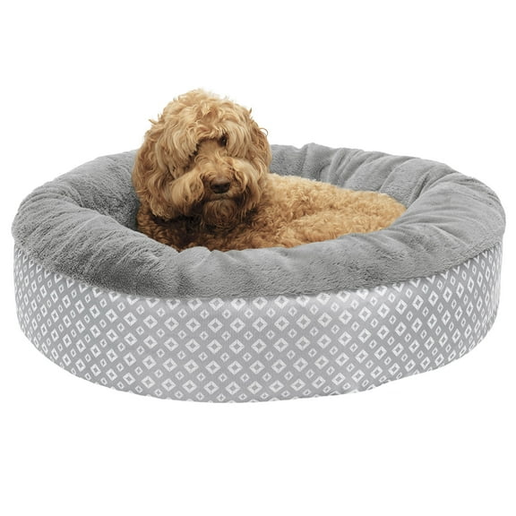 Furhaven Pet Products Plush & Diamond Print Calming Donut Pet Bed - Gray, Large