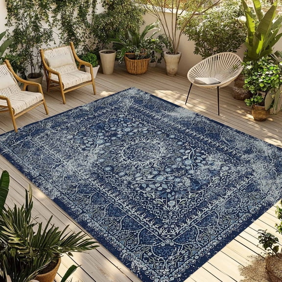 Fsddascl Boho Blue Outdoor Rug for Patio/Deck/Porch, Non-Slip Large Area Rug 4 x 6 Ft, Vintage Ethnic Modern Geometric Abstract Indoor Outdoor Rugs Washable Area Rugs, Reversible Camping Rug Carpet