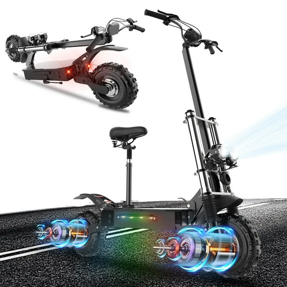 JUEXING Off Road Electric Scooter for Adutls, 72V 6000W Dual Motor, up to 53 MPH & 50 Miles, Dual Hydraulic Shock Absorber, Electric Scooter with Seat 440Ibs Load