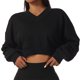 thumbnail image 1 of Sudadera recortada para mujer, jersey, puños acanalados, cuello en V, hombros caídos, Color puro, Top corto de manga larga para deportes, negro XL, 1 of 6