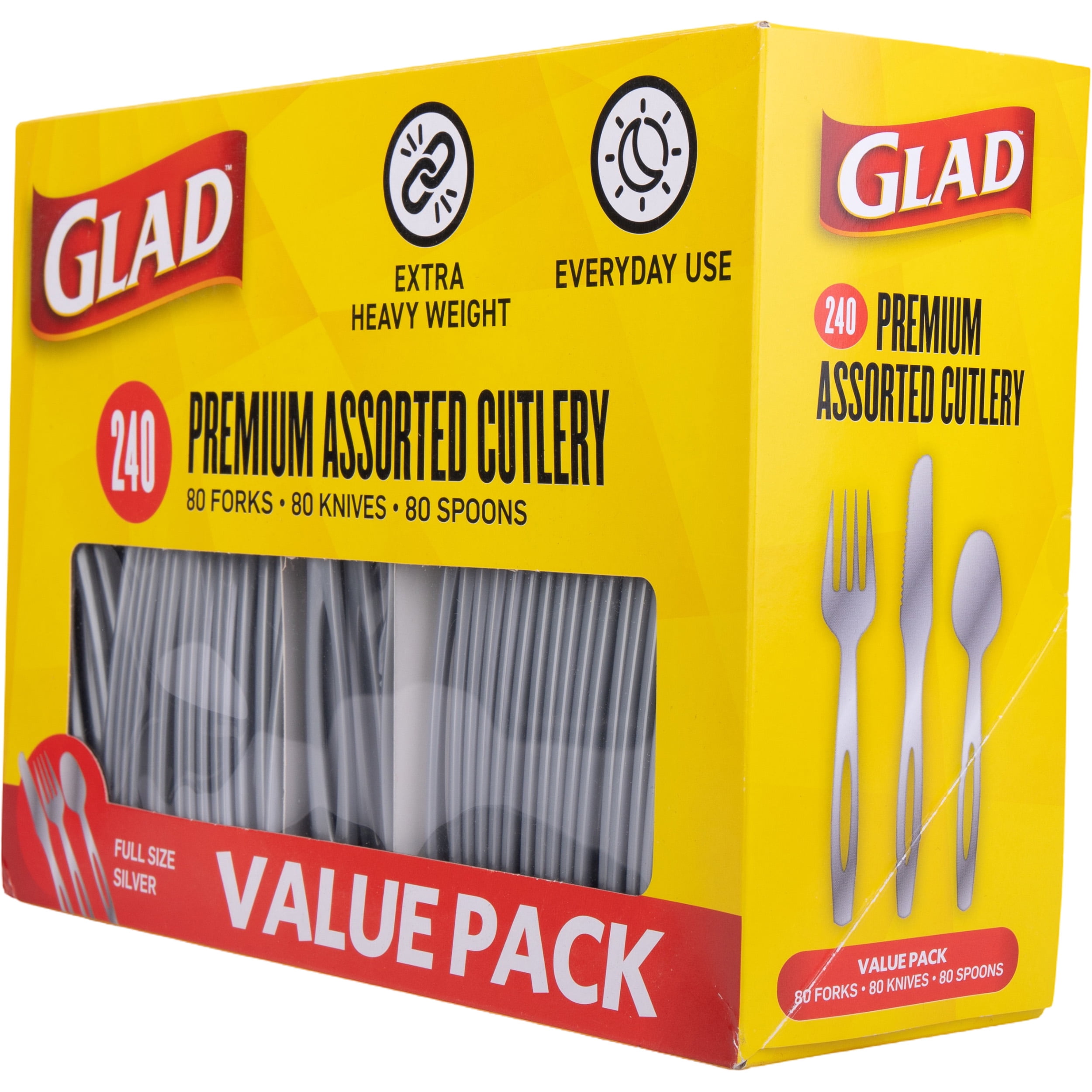 Glad Heavy Duty Silver Cutlery Mixed Forks Knives Spoons Disposable 240ct