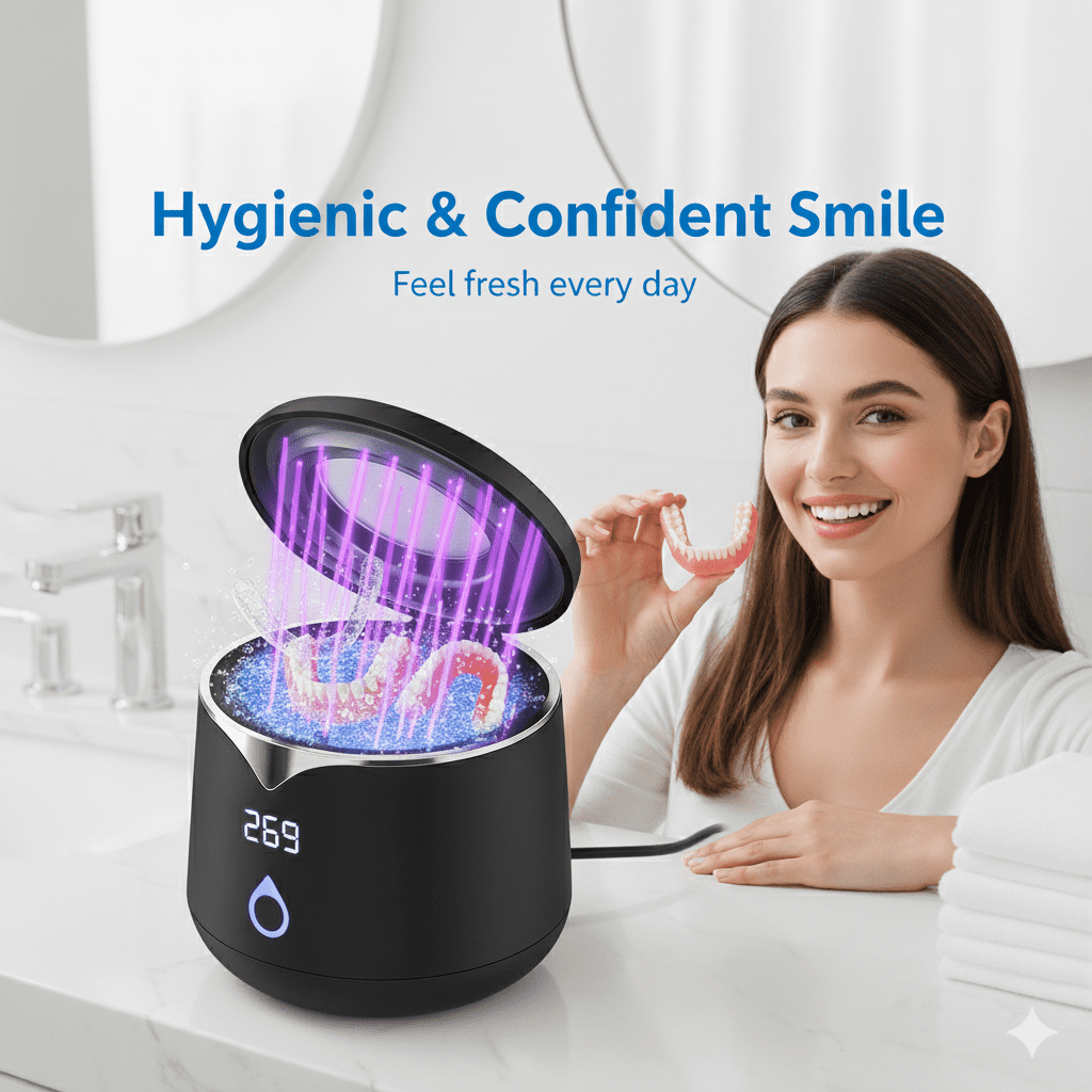 Professional 45kHz Ultrasonic Retainer Cleaner with UV Sanitizer - Portable Cleaning Machine for Aligners, Dentures, Mouth Guards, and Jewelry - 200ml, Dual Cleaning Modes, Black