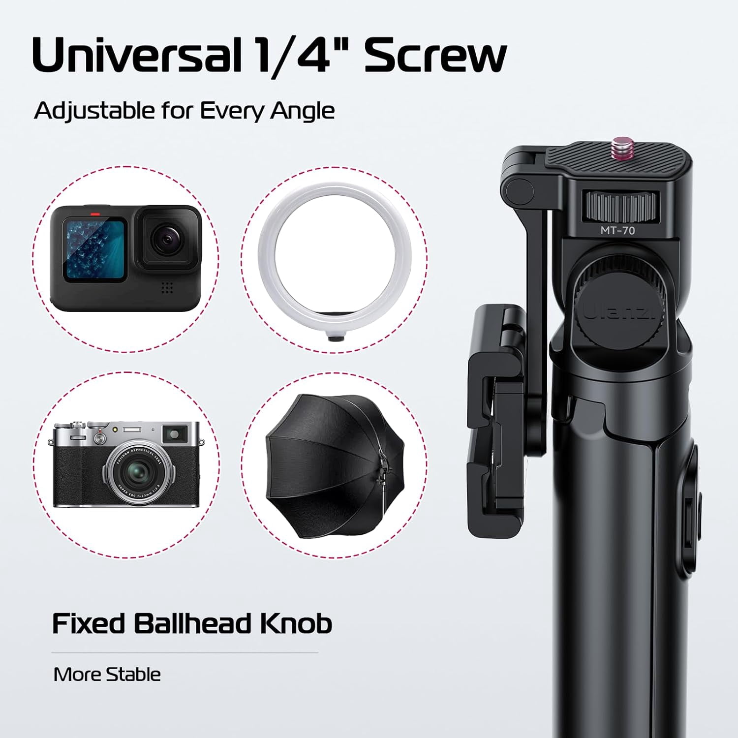 Ulanzi MT-70 Extendable Tripod,63" Selfie Stick Vlog Tripod Stand With 2 Phone Clips for Smartphone Camera