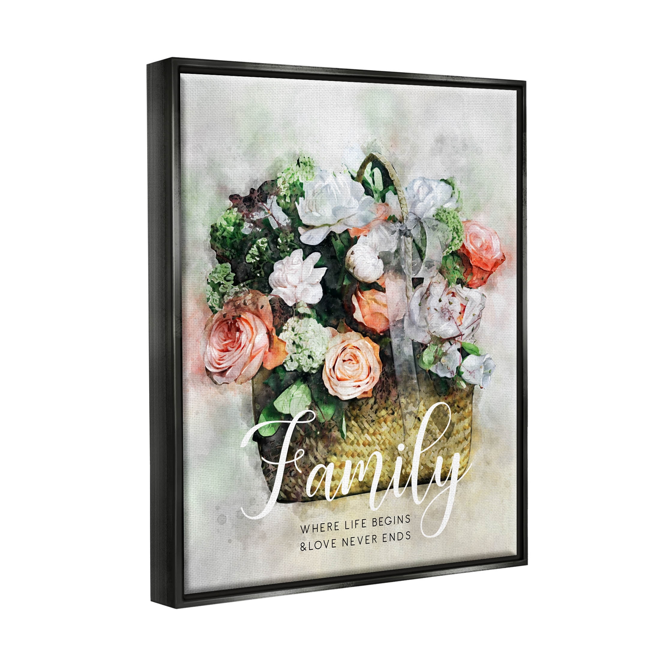 Family Where Life Begins Phrase Botanical & Floral Graphic Art Jet Black Framed Art Print Wall Art