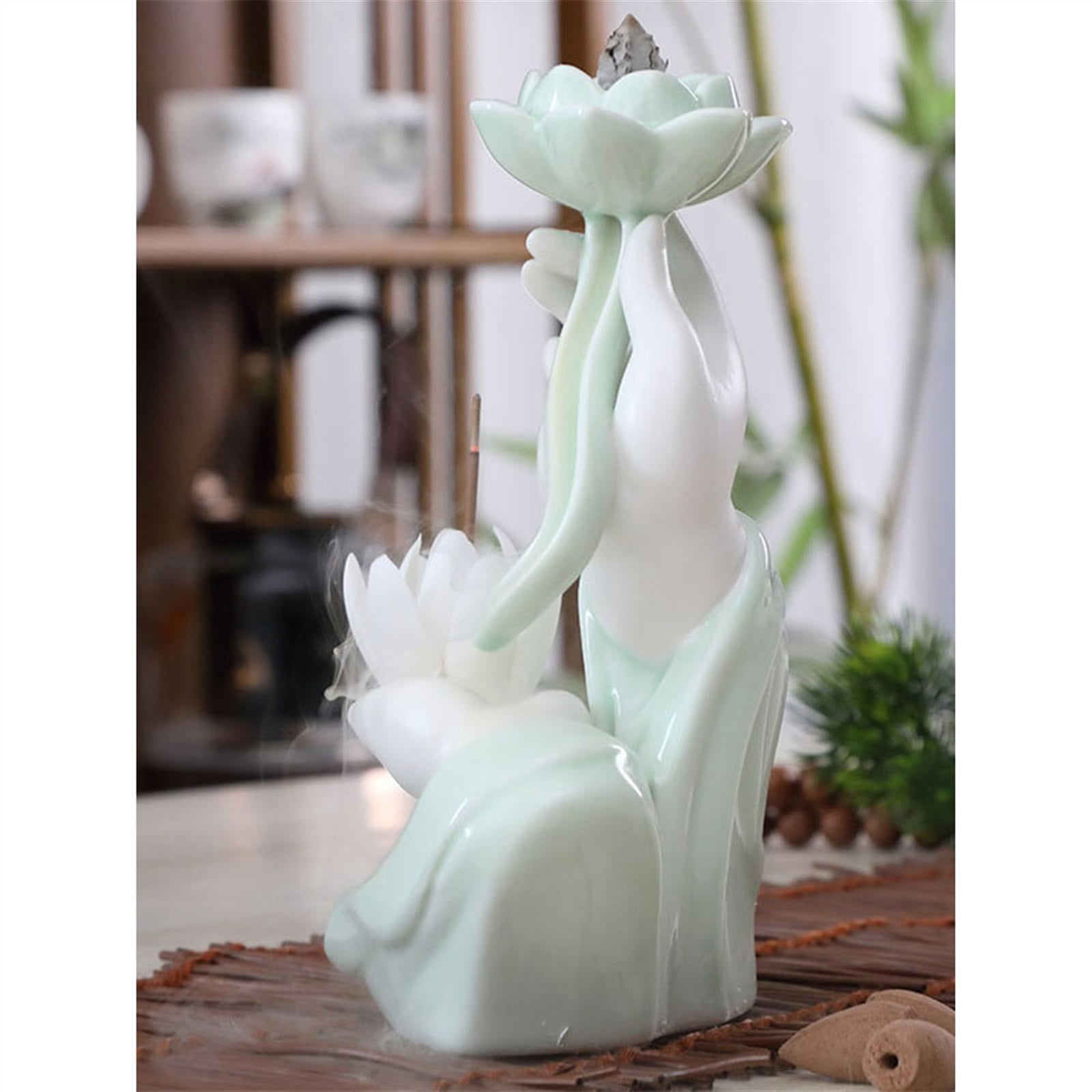 Celadon Reverse Flow Incense Burner Creative Handheld Lotus Shaped Zen Decorative Ornaments Holder