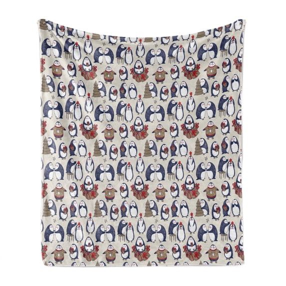 Christmas Soft Flannel Fleece Blanket, Sketchy Hand Drawn Grunge Penguins with Boxes Stars Celebration Theme, Cozy Plush for Indoor and Outdoor Use, 60" x 80", Navy Blue White Umber, by Ambesonne