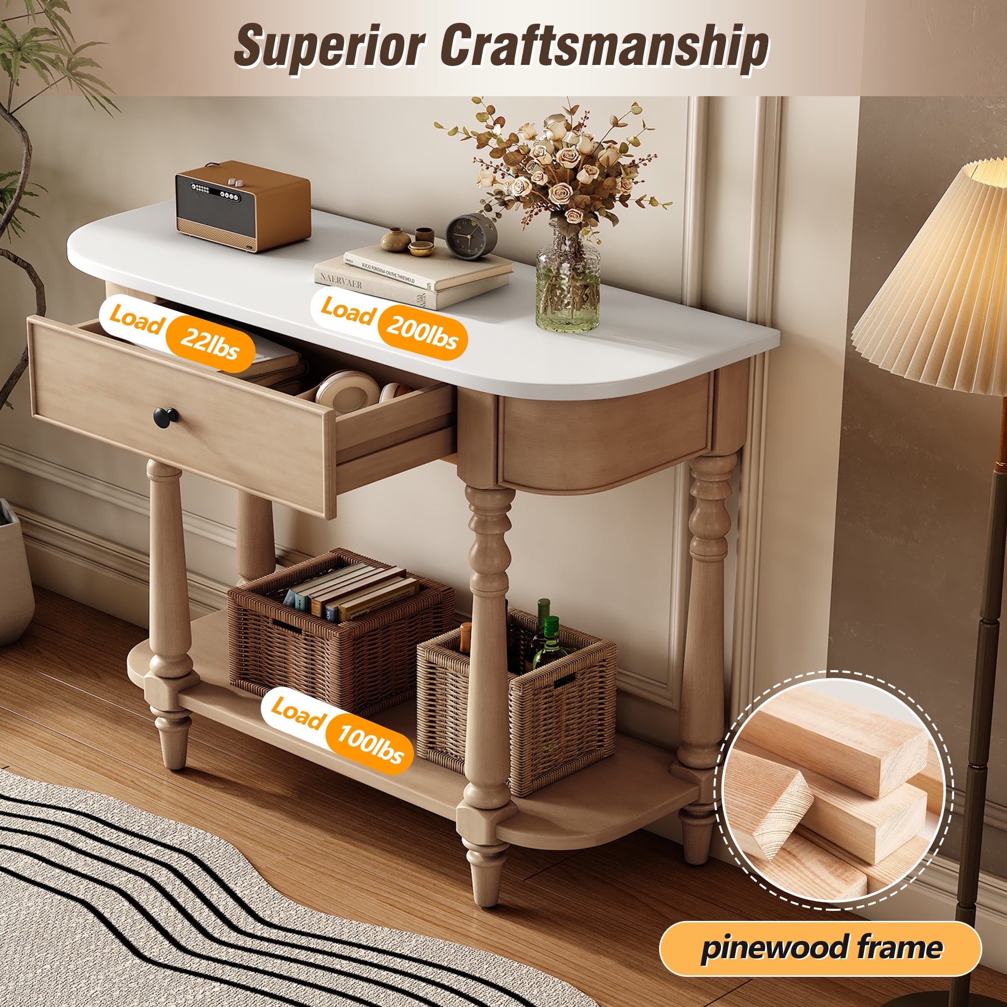 EUROCO 36" Retro Console Table with Drawer,Solid Wood Entryway Table Sofa Table with Open Storage Shelf and Corner-Curved Design for Entryway, Hallway and Living Room,Beige