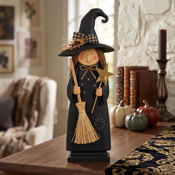 Halloween Witch Figurine, Vintage Wooden Witch Decor, Halloween Decorations Indoor, Rustic Farmhouse Mantel Decor for Bookshelf Tray Fall Retro Statues Gifts