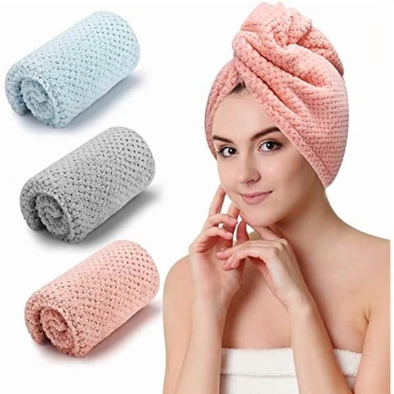 Fu997 3 PCS Microfiber Hair Towel, Hair Wraps for Women Wet Hair, Fast Drying Hair Turban, Anti Frizz Head Towels Wrap for Curly Hair (Grey, Pink, Blue)