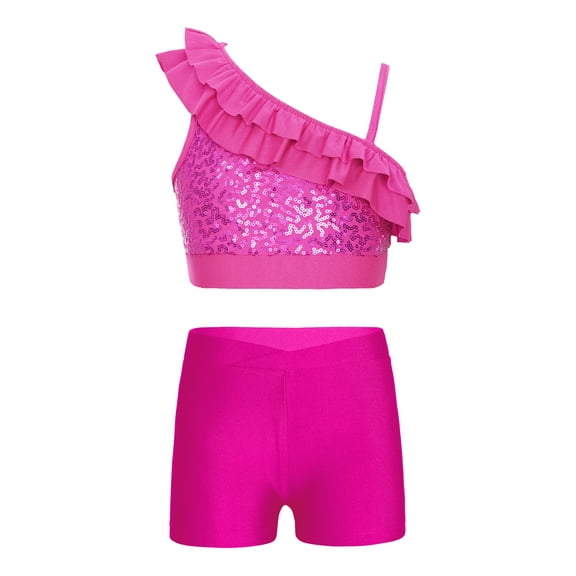 Doomiva Kids Girls Sequins Ballet Jazz Hip Hop Modern Belly Dance Costume Ruffle Crop Top with Shorts Set Dancewear A Hot Pink 12