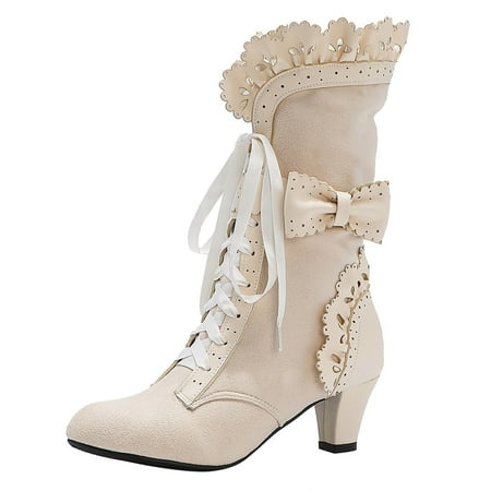 

fukaraa Boots for Women Sweet Bow Boots Mid Heels Lace Up Victorian boots Mid Calf Kawaii Boot