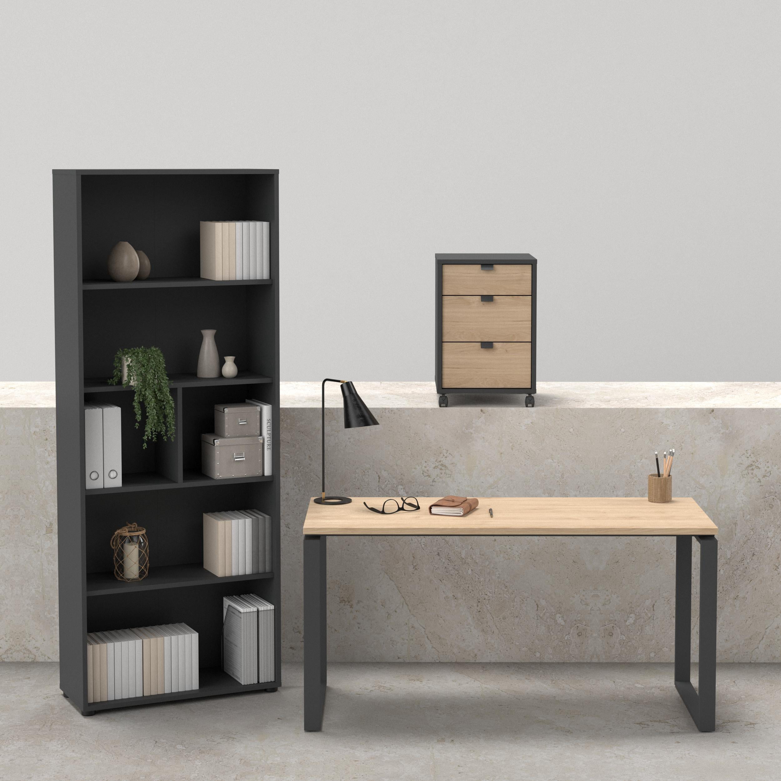 Tvilum Sign 3-Piece Home Office Set with Desk, Tall Bookcase and Mobile Storage, Matte Grey and Jackson Hickory