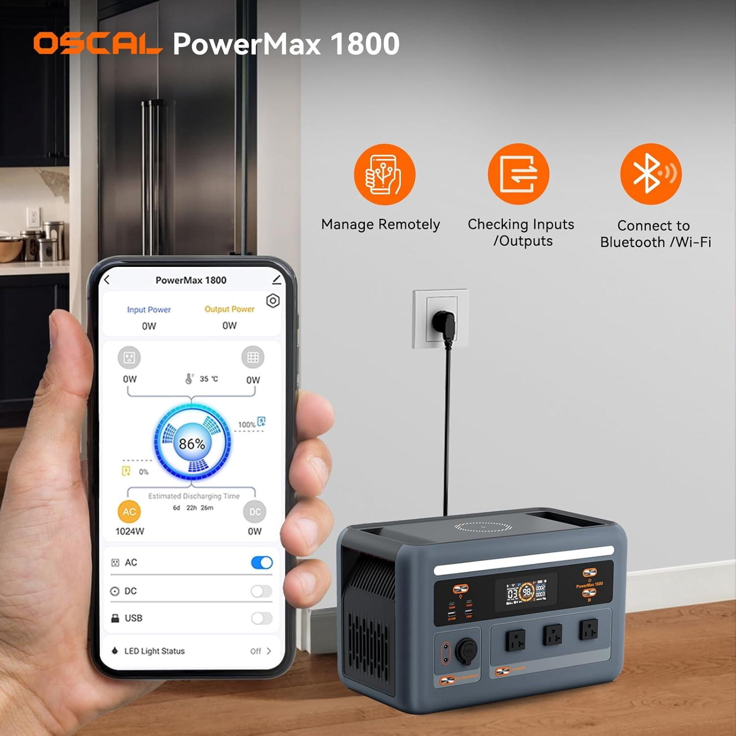 OSCAL Solar Generator PowerMax 1800, 1024Wh LiFePO4 Battery Generator with 3 AC Outlets (3200W Surge), 700W AC Charging & 800W Solar Charging, APP Control Power Station for Home Backup