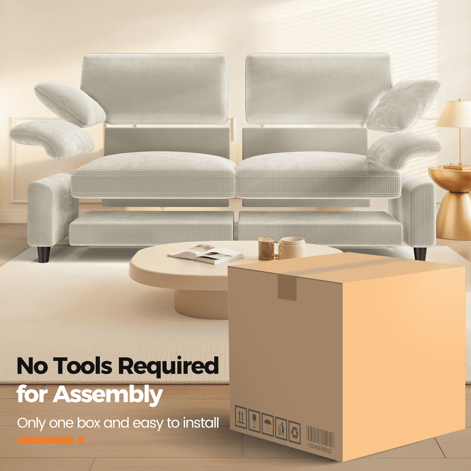 Patbrela 83" Corduroy Sofa, Loveseat Sofa with Extra Deep Seat Couches, Comfy Upholstered Couch for Living Room, No Assembly with 2 Pillows, Beige