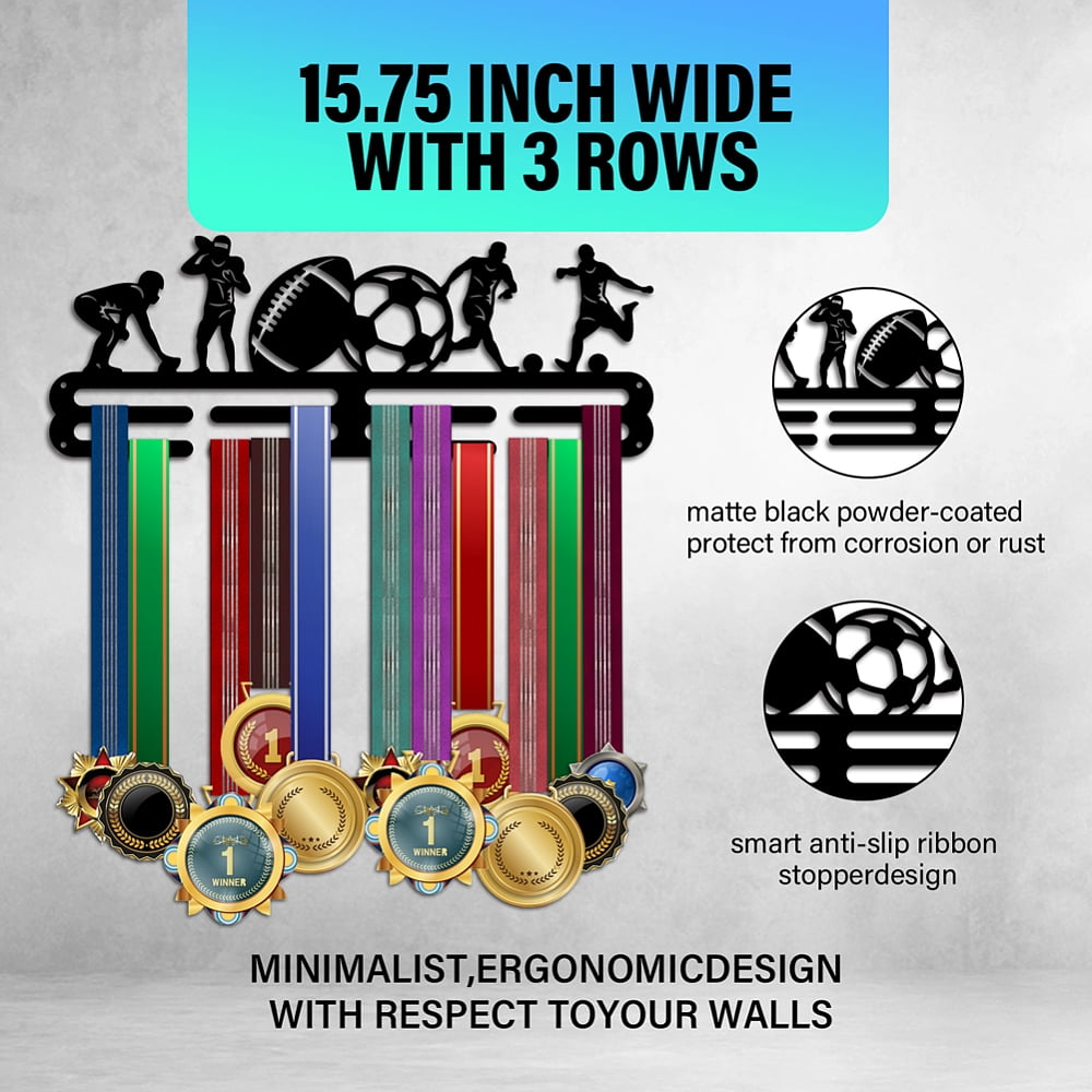 PH Football Soccer Medal Holder Athletics Medal Hanger Display Rack Wall Mount Hanger Decor Trophy Shelf Tiered Award Rack Award Ribbon Hanger