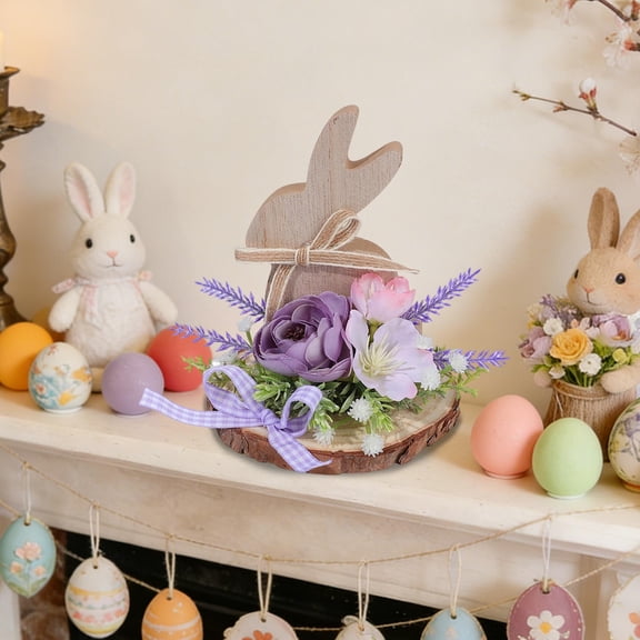 Cheapark Easter Wooden Ornament Simulated Egg Flower Rabbit Craft Decorative Desktop Accent Festive Spring Home Holiday Decoration