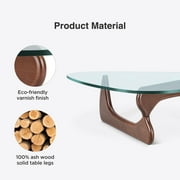 Raffle Pinker Triangle Glass Coffee Table 0.8 Thick Tempered Glass Coffee Table with Solid Dark Walnut Base for Living Room