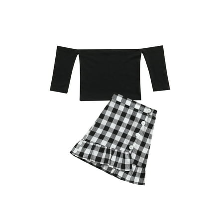 

Sunisery 2Pcs Toddler Baby Girls Fashion Outfits Off Shoulder Long Sleeve Pullover Tops+ Plaids Ruffle Ankle Length Skirt Set Black 4-5 Years