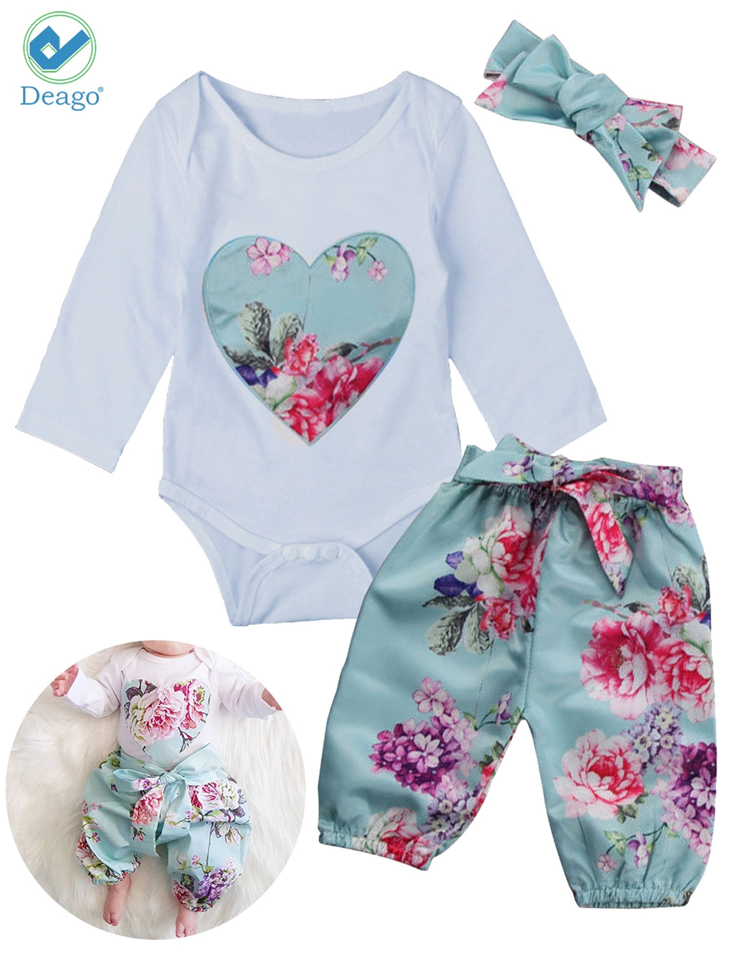 Deago 3pcs Baby Girls Long Sleeve Tops and Floral Pants Baby Cotton