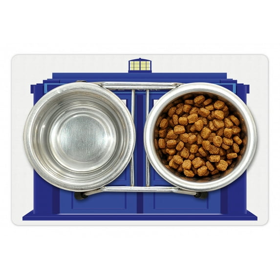 Police Pet Mat for Food and Water, Doctors Blue House British Landmark Phone Box Police Call Image Artwork Print, Non-Slip Rubber Mat for Dogs and Cats, 18" X 12", by Ambesonne