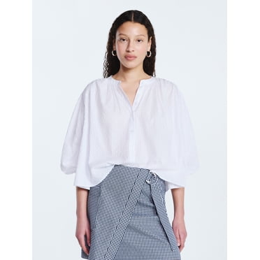 Free Assembly Women's Shirred Cotton Button Down Blouse with Long Sleeves, Sizes XS-XXL